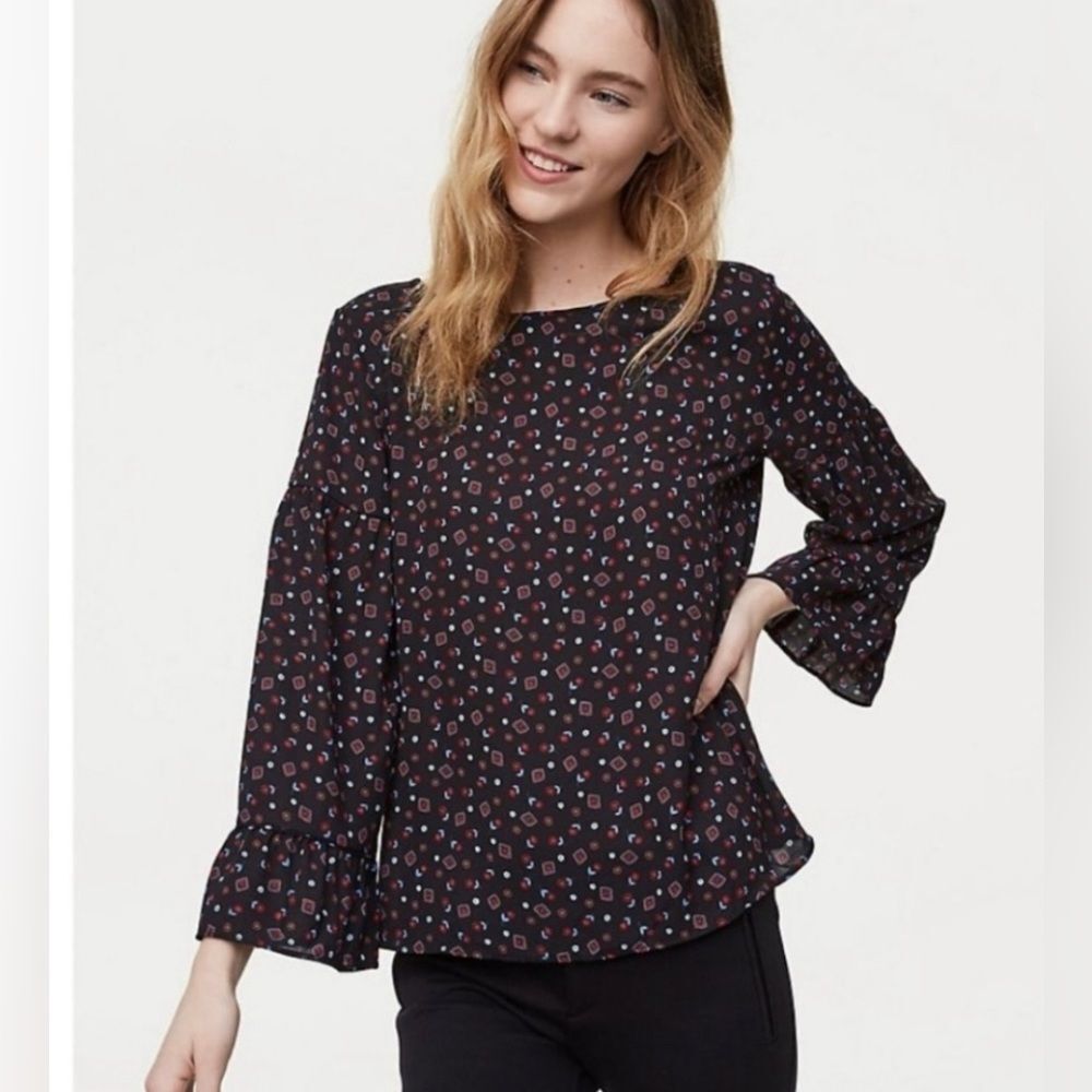 Loft Black, geometric, bell sleeve top size medium, petite